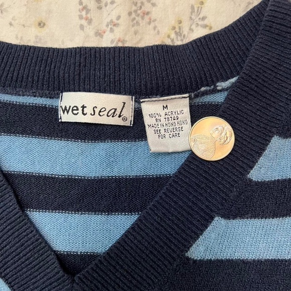 Y2k Wet Seal Striped V Neck Sweater Navy Blue Stretchy Grunge 2000s - Picture 3 of 5